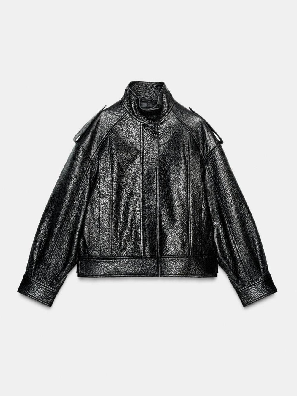 Zara NWT Size XS Oversized Black Textured 100% Leather Jacket